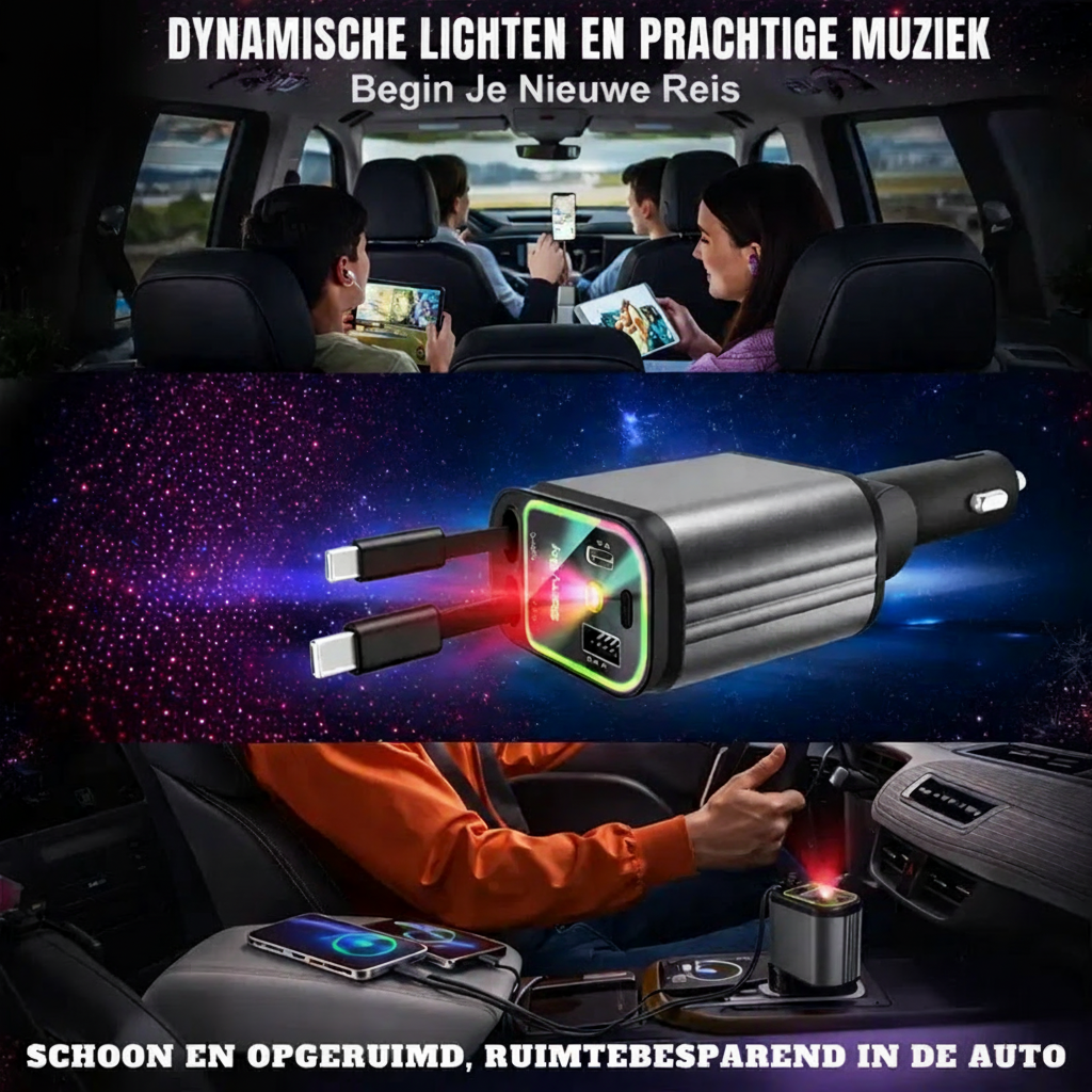 4-in-1 Auto Oplader met Ingebouwde Kabels & RGB Sterrenhemel | Nooit Meer Kabelchaos