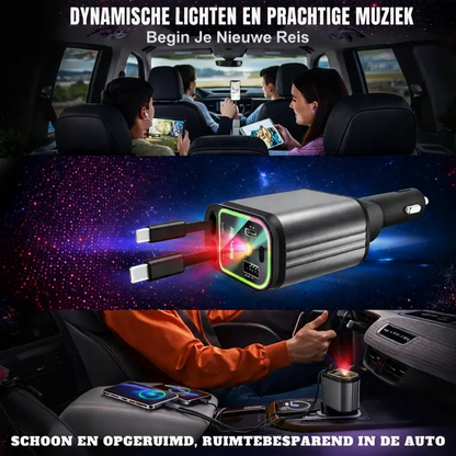 4-in-1 Auto Oplader met Ingebouwde Kabels & RGB Sterrenhemel | Nooit Meer Kabelchaos