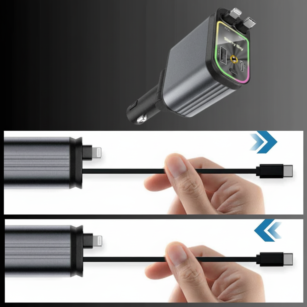 4-in-1 Auto Oplader met Ingebouwde Kabels & RGB Sterrenhemel | Nooit Meer Kabelchaos