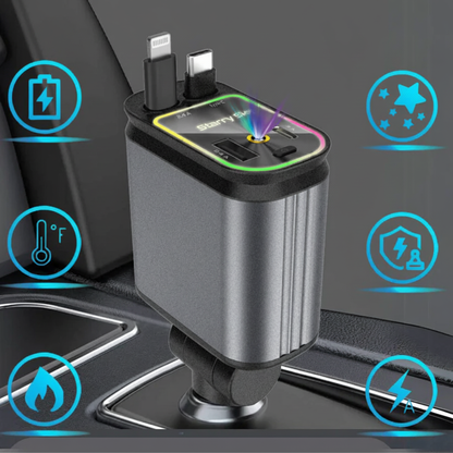 4-in-1 Auto Oplader met Ingebouwde Kabels & RGB Sterrenhemel | Nooit Meer Kabelchaos