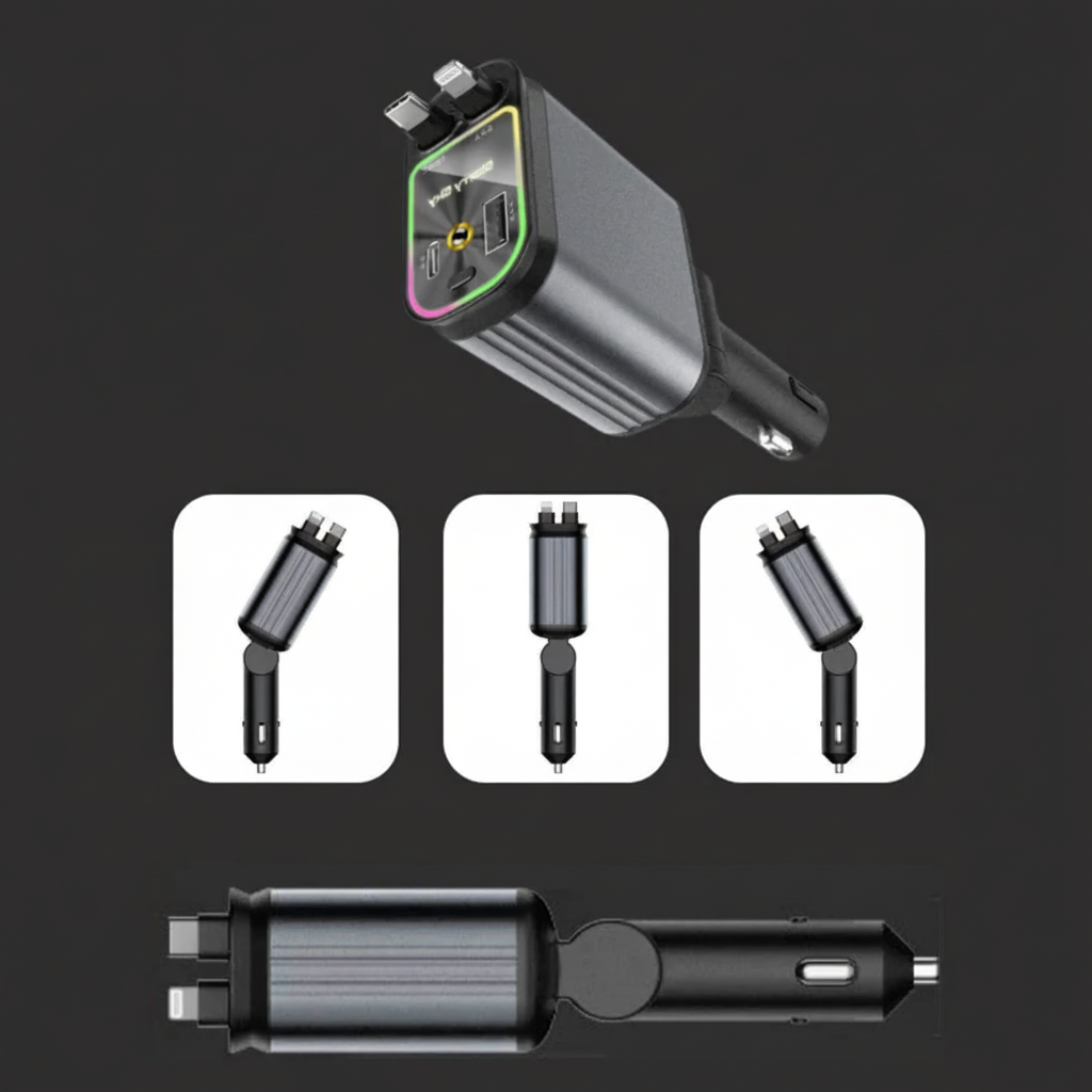 4-in-1 Auto Oplader met Ingebouwde Kabels & RGB Sterrenhemel | Nooit Meer Kabelchaos