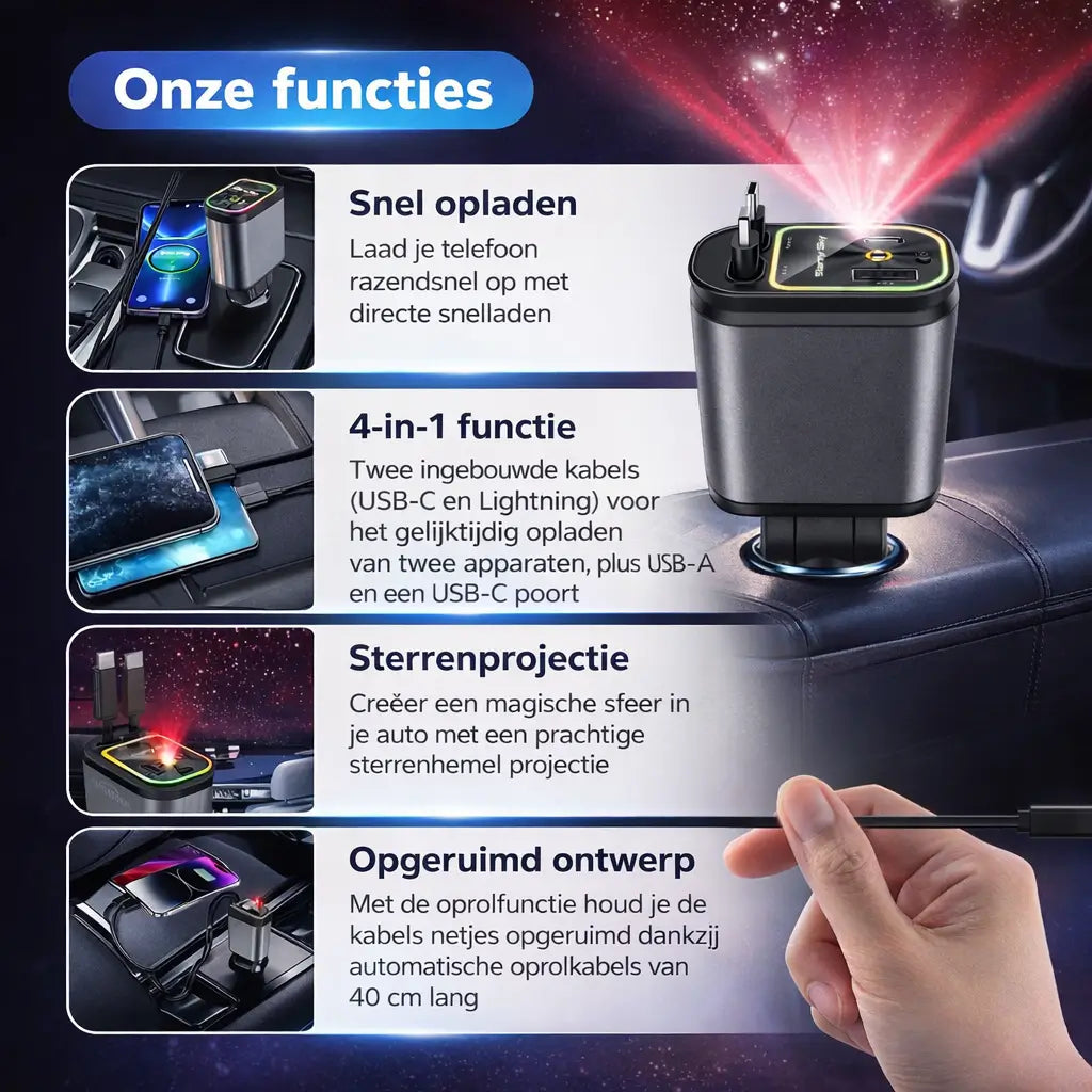 4-in-1 Auto Oplader met Ingebouwde Kabels & RGB Sterrenhemel | Nooit Meer Kabelchaos