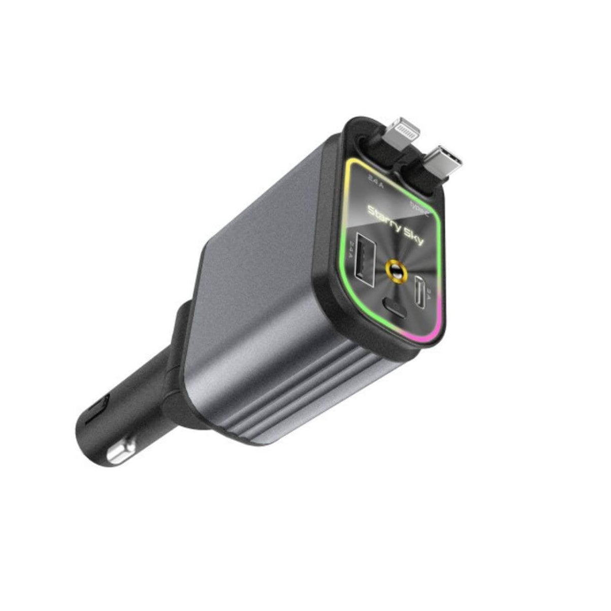 4-in-1 Auto Oplader met Ingebouwde Kabels & RGB Sterrenhemel | Nooit Meer Kabelchaos
