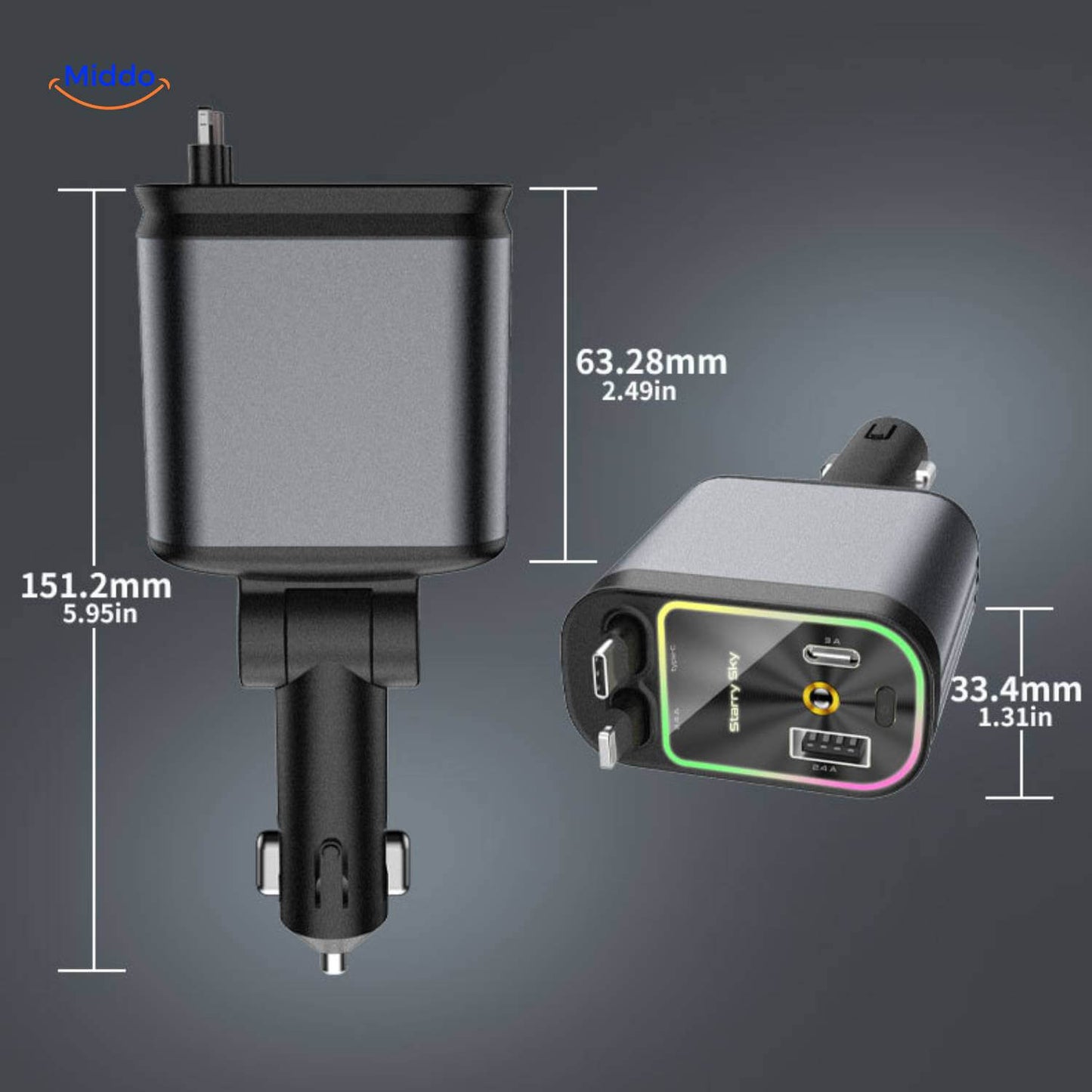 4-in-1 Auto Oplader met Ingebouwde Kabels & RGB Sterrenhemel | Nooit Meer Kabelchaos