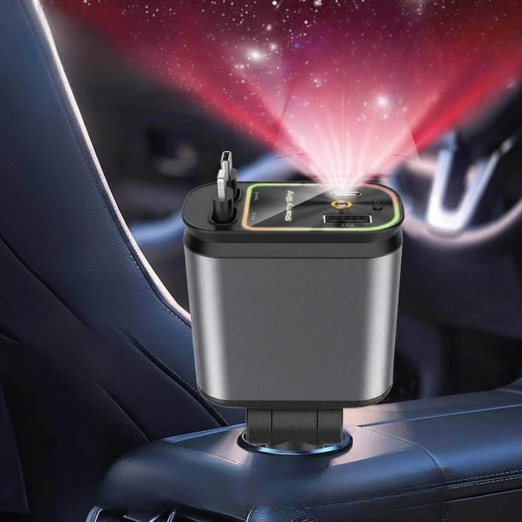 4-in-1 Auto Oplader met Ingebouwde Kabels & RGB Sterrenhemel | Nooit Meer Kabelchaos