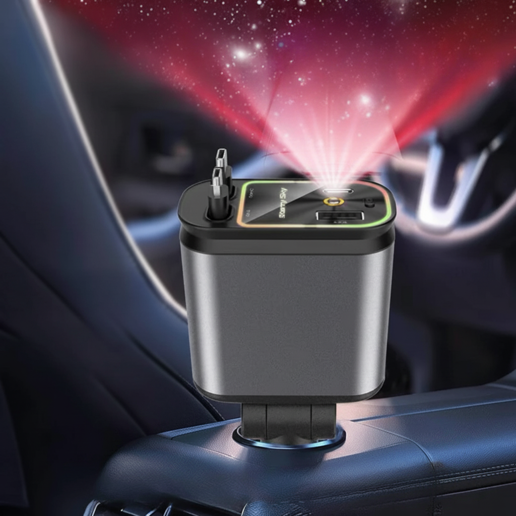 4-in-1 Auto Oplader met Ingebouwde Kabels & RGB Sterrenhemel | Nooit Meer Kabelchaos