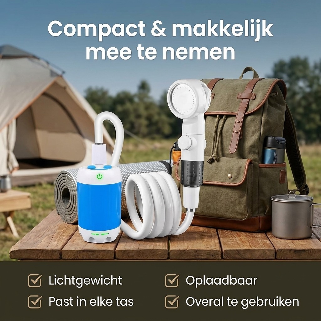 Overal douchen of afspoelen in 1 minuut, zonder vaste douche
