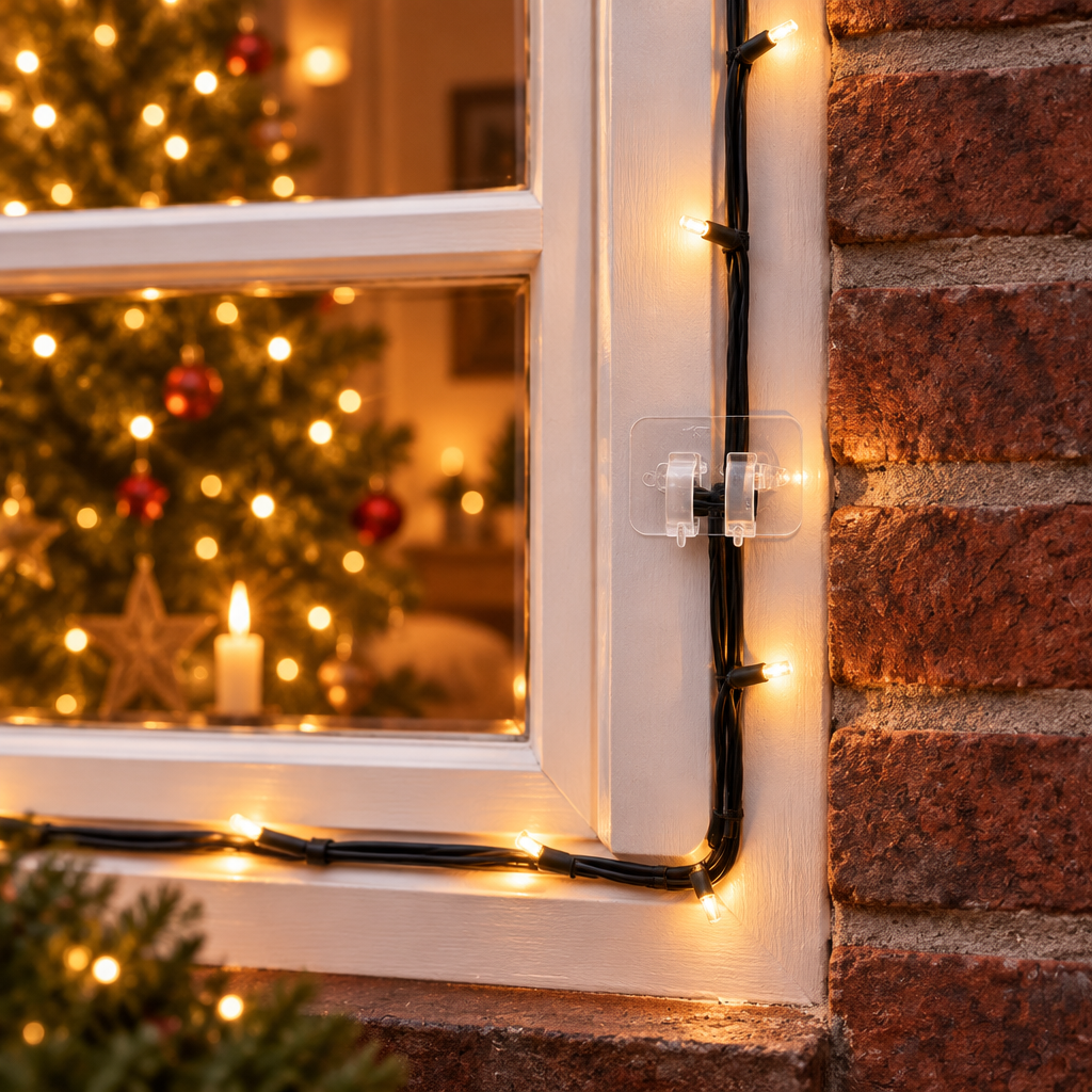 Kerstverlichting rond raam opgehangen met LumiClip