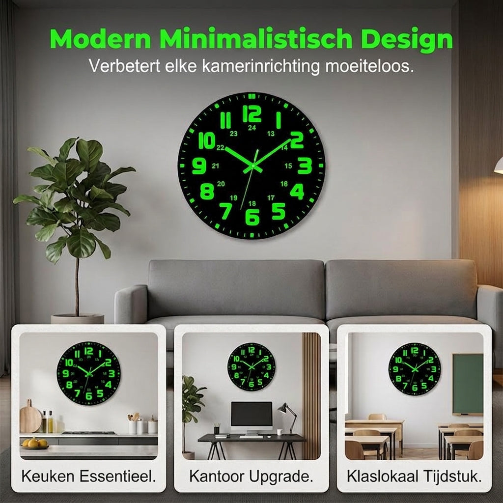 HushGlow™ | Stille wandklok die in het donker oplicht