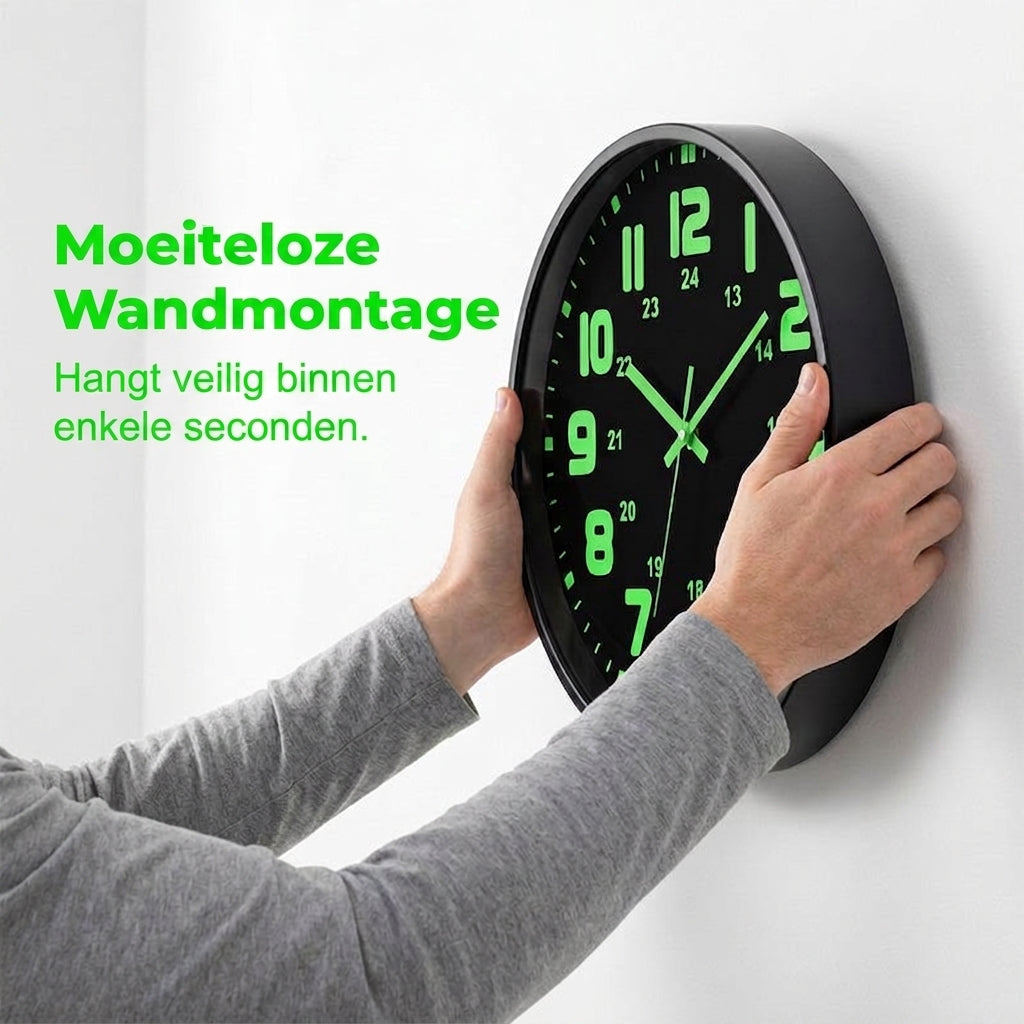 HushGlow™ | Stille wandklok die in het donker oplicht